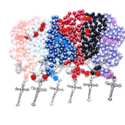 China CLASSIC Wholesale Luminous Cross Catholic Rose Cross Bead Jesus Accessories 6mm Beads Rosary Necklace for sale