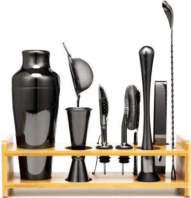 China Mixology Viable Cocktail Kit Black Bar Bartender Set Cocktail Mixing Set with Sleek Bamboo Stand for sale