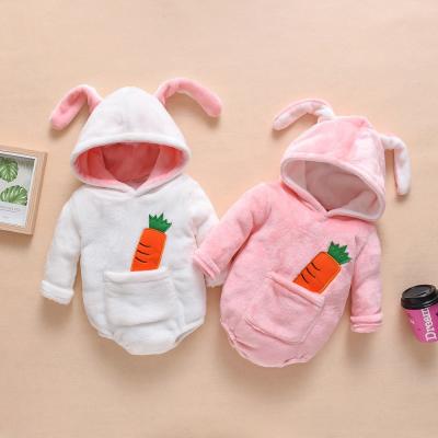 China Velvet baby rompers 2021 winters rabbit easter baby romper pink color carrot decoration cute warm baby overalls for sale