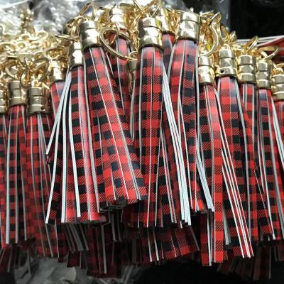 China Buffalo Plaid Tassel New Arrival Buffalo Plaid PU Leather Tassel Key Chain Monogram for sale