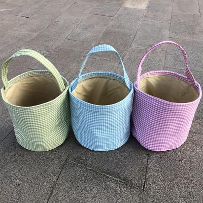 China Modern Personalized Easter Basket Tote Gift Bag Gingham Monogram Easter Cotton Crepe Easter Bucket for sale