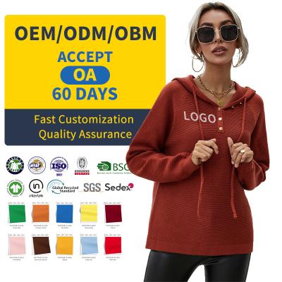 China Anti-wrinkle ODM/OEM Sweater Ladies Long Sleeve Hoodie Sweater Knit Pullover V-Neck Button Knitted Sweater Women for sale