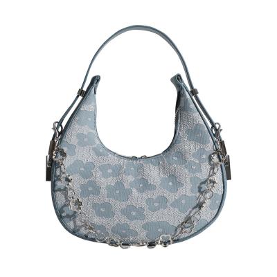 China Dating 2022 fashion high quality leather flower printing ladies armpit half moon bags chain women handbags purses for sale