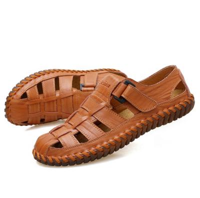 China Wholesale big size hook&loop summer genuine leather handmade stitching outdoor massage sandals for men for sale