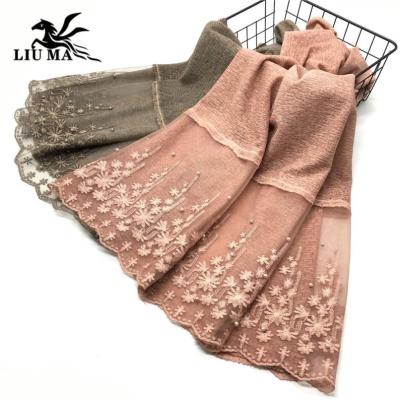 China Wholesale High Quality Fashion Women Scarves Muslim Shawls Bead Embroidery Flower Cotton Hijab Scarf - Pearl Embr Buy for sale