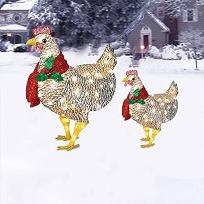 China Christmas decoration for ourdoor garden 2021 christmas decoration lighting metal running chicken with scarf holiday decoration for garden decoration for sale