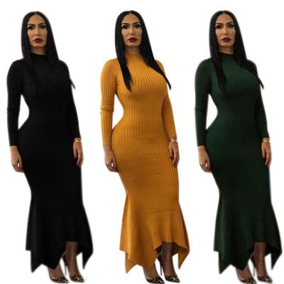 China Autumn and winter style fashion women's one-piece dress fishtail tight sexy fishtail long sleeve anti-static round neck solid color skirt new for sale