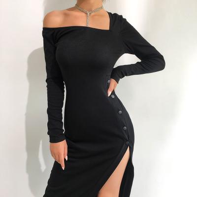 China New Style Anti-Static Irregular Sexy Off The Shoulder Slit Bag Mid Length Skirt Women's High Waist Hip High Waist Pantyhose Sexy Dress Solid Color Long Sleeve for sale