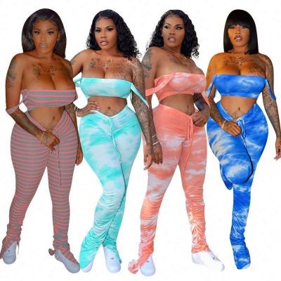 China QUICK DRY women tie dye color two piece sets stacked sweatpants tie up pants 2020 summer gear strap crop tops button for sale