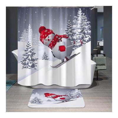 China Sustainable Christmas Snowman Designed Water Proof 3D Shower Curtain Set Mats For Bathroom for sale