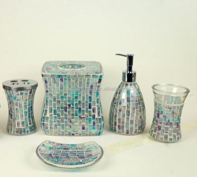 China Sustainable Mosaic Glass Colored 5pcs Bathroom Accessories Set for sale