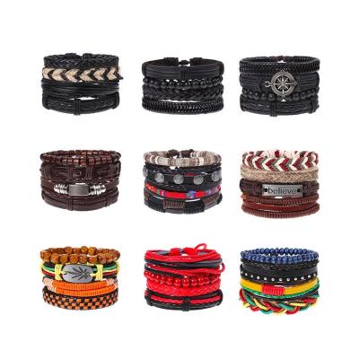 China Environmental Wholesale Fashion Wooden Beads Ship's Anchor Faith Friendship Braided Black Leather Bracelet Men for sale