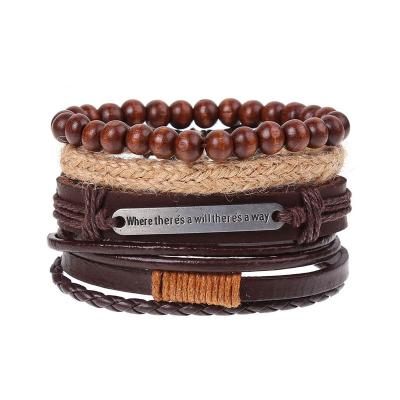 China Wholesale Environmental Wooden Leather Beads Mens Leather Bracelet Handmade Fashion Wrap. bracelets for men for sale