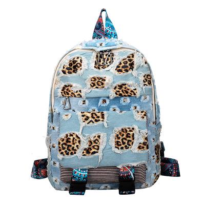 China 2021 Korean fashion anti-theft leopard print women's denim backpack CIA travel student backpack large for sale