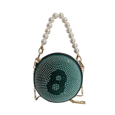 China 2021 Fashion High Quality Personality Round Ball Mini Bag Rivet Small Pearl Handle Ladies Crystal Cross - Body Bag for sale