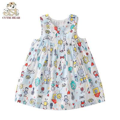 China Breathable Girls Dresses Blue Printed Cutie Bear OEM Design Clothes Summer Outfit Dress for sale