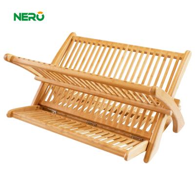 China Sustainable Bamboo Multifunctional Folding Kitchen Double-Layer Drainer Rack, Dishes And Other Tableware Storage Rack for sale