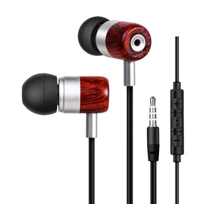 China In-Ear Huayi Factory In Ear Wooden Mobile Earphone Mobile Deep Bass Handsfree Earbuds With Volume Control for sale