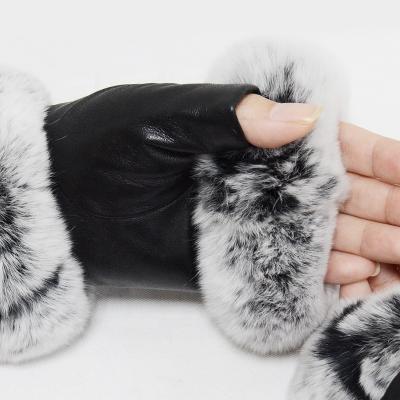 China Single Half Finger Warm Gloves With Rabbit Fur Lining Winter Designer Women Sheepskin Leather Gloves for sale