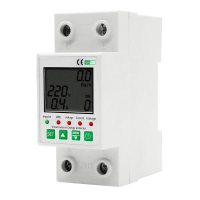 China 2P 63A TUYA APP Din Rail WiFi Smart Circuit Earth Leakage Over Under Voltage Protector Relay Device Switch Power kWh Meter 1.5KW 220V for sale