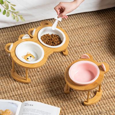 China Sustainable Wooden Rack Pet Bowls Raised Dog Bowls With Bamboo Rack For Cats And Puppy for sale