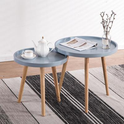 China Adjustable Modern Cheap Indoor Room Furniture Sofa Side Round Tray Wood Coffee Tables (Others) With Three Pine Solid Wood Leg for sale