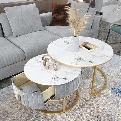 China (Other) Modern Nordic Luxury Adjustable Living Room Gold Metal Iron Base Marble Stone Around Nesting Storage Tea Coffee Table Set And End Table for sale