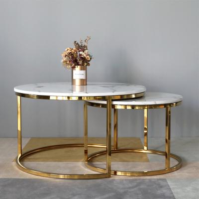 China (Other) Modern living room furniture adjustable gold stainless steel iron tempered glass stone rock marble round nesting top center coffee table for sale