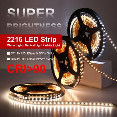 China DC12V-24V 120LEDs/m 9.6W CRI>90 Residential LED Strip Light High Brightness 3000K-6000K LED White Flexible Strips 2216 300LEDs/m for sale