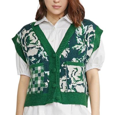 China Custom QUICK DRY Button V-Neck Green Jacquard Jacquard Sweater Vest Custom Mens Sweater Custom for sale