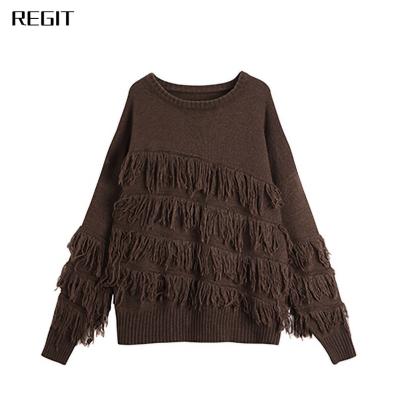 China 2021 Anti Shrink Sweater Custom Outfits With Tassels Wool High Quality Crew Neck Fringed Elegant Ladies Fall Winter Sweaters For Women for sale