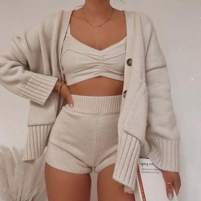 China QUICK DRY 100% cotton cashmere bra cardigan women wool 3 piece knitted suit shorts sets custom knit wool sweater custom knit wool sweater for sale