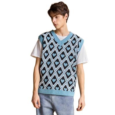 China new fashion cotton custom logo jacquard Anti-wrinkle geometric heart shaped knitted blue sweater vest for men custom knit sweaters for sale