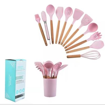 China Different Types Sustainable Home China Soft 12 Pcs Rack Non Stick Wooden Tools Accessories Silicone Kitchen Utensils Set For Baking for sale