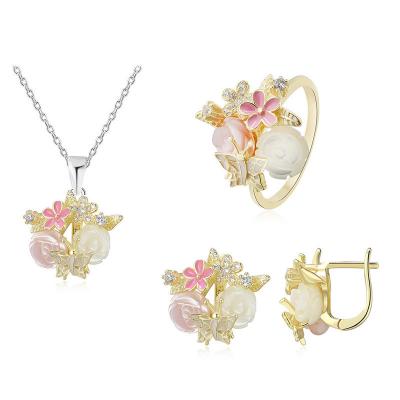 China Sterling Silver Sets Latest Design Women Fashion Gold Plated Sterling Silver Flowers Wedding Jewelry Set for sale