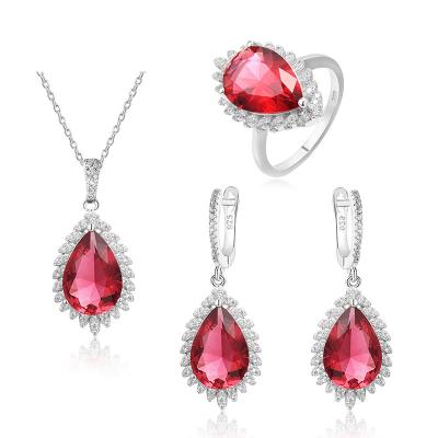 China Other Wholesale Fine Red Stone 925 Sterling Silver Jewelry Set Beautiful Teardrop Drop for sale