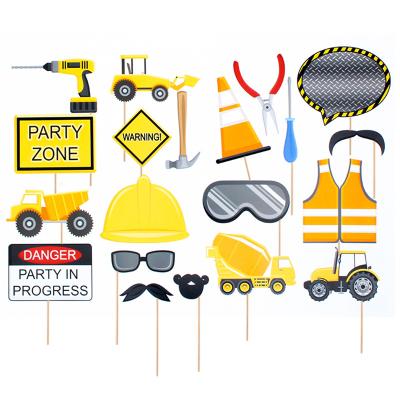 China 350gsm card 20pcs Construction Trucks Theme Photo Booth Props Kits Party Decorations for Kids Boy Birthday Graduation Photobooth for sale