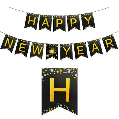 China 350gsm Happy New Year Eve Party Decorations 2023 Card Black Gold Paper Banner For Home Wall Hanging Banner Decor Supplies for sale