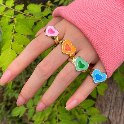 China TRENDY Fashion Colored Enamel Chunky Heart Metal Rings Set Gold Plated Stainless Steel Women Jewelry Crystal Beads Adjustable Rings for sale