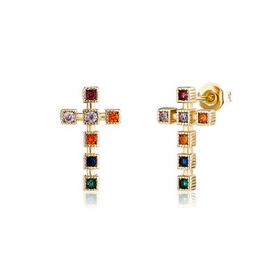 China 2022 New Personality Ankh Stone CZ Cross Stud Earrings Zircon Stud Earrings Women Cross Cooper Jewelry Tasty Gold Plated Colorful CLASSIC for sale