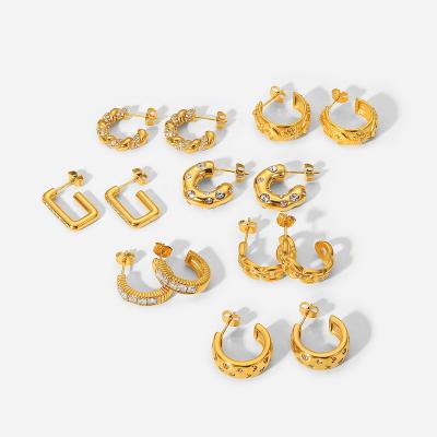 China 2022 New Fashion 18K Gold Stainless Steel Zircon Earrings Trendy Diamond C Shape Earrings Women's Stud Earrings for sale