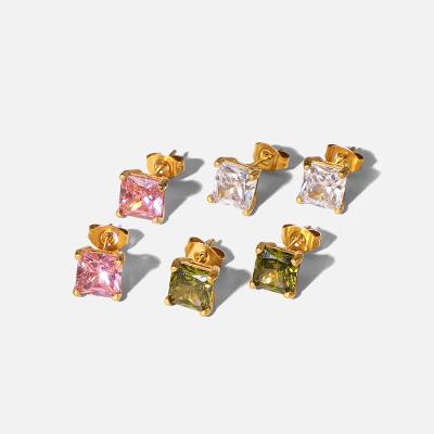 China Environmental Friendly Minimalist Fine Jewelry Pink Green Zircons Earring Studs For Women Stainless Steel Square Diamond Stud Earrings for sale