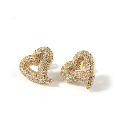 China Hiphop Fashion Hip Hop Jewelry Women Hollow Out Heart Earring 925 Pin Gold Plated Luxury Iced Silver Out Diamond Stud Earrings for sale