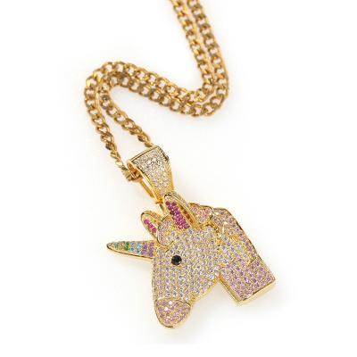 China Environmental Friendly Iced Out Colorful Pony Men Women Jewelry Hip Hop Necklace Rainbow Zircons Diamond Unicorn Pendant Luxury CZ for sale