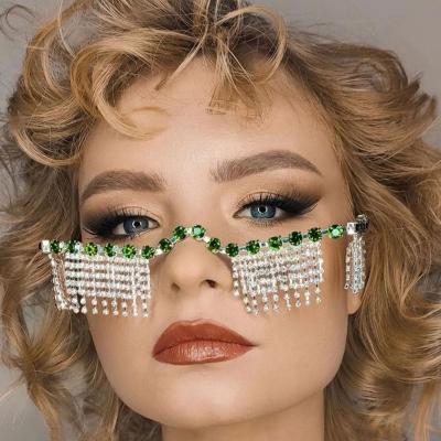 China Punk Green Rhinestone Tassel Glasses Frames Eyewear Decoration Face Jewelry For Women Crystal Sunglasses Frames Face Accessories for sale