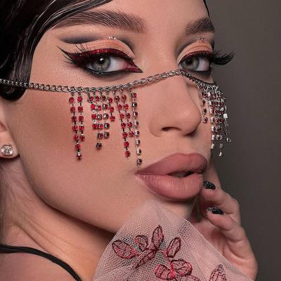 China Red Tassel Rhinestone Covere Sexy Punk Long Face Eye Chain Veil Mask For Party Crystal Hallowen Face Decoration Luxury Women for sale