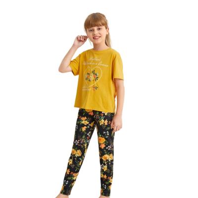 China 2022 Hot Sales Breathable Breathable T-shirts With Floral Pants Short Sleeve Organic Designer Pajamas Pajamas Cotton Girl Kids Set for sale