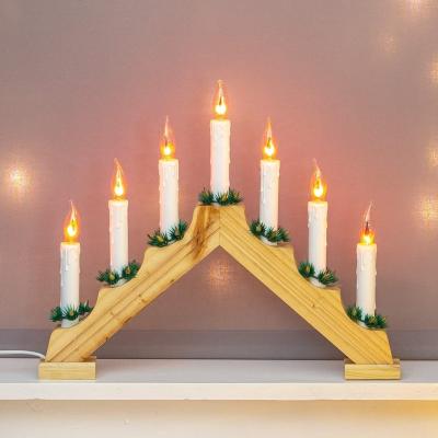 China Classic New Design  High Quality Christmas Decoration Wooden Base Candlestick Led Candle Bridge Light With Flame Effect for sale