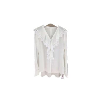 China Ladies Breathable Soft Breathable Ruffles Lace Up Patchwork Blouse V-Neck Cotton Shirts for sale