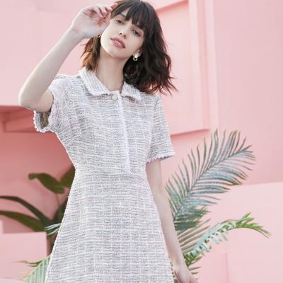 China Breathable Breathable Summer Short Sleeved Turn Down Collar Knit Inlaid Dress With Beads for sale